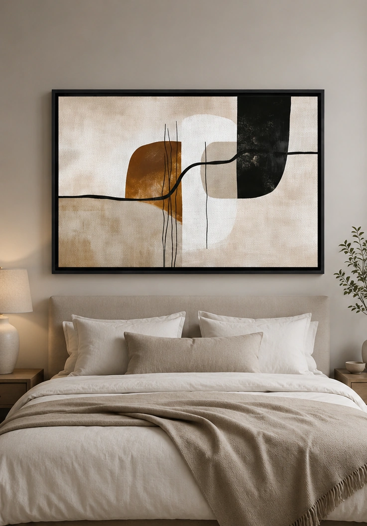 02_abstrait_beige_noir_01_plan Tableau Abstrait Beige Noir Doré – Élégance Minimaliste – Image 1