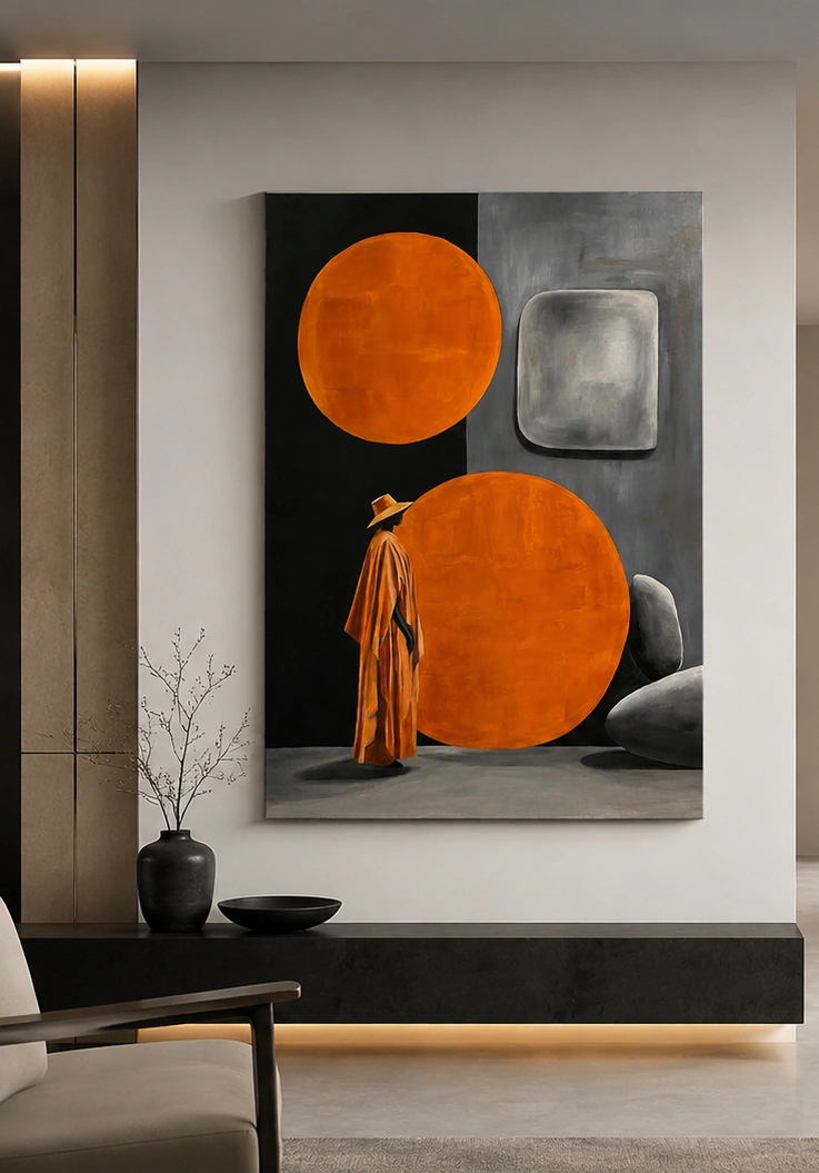 04_orange_geometrique_01_plan Tableau Orange Abstrait avec Personnage – Collection Artistique – Image 1