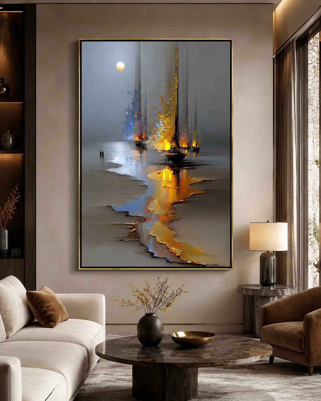 BOAT PLAN Tableau Voiliers Dorés Abstraits – Édition Reflets Luxe – Image 1