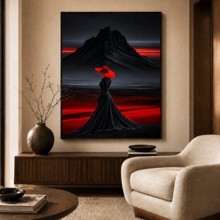 Tableau femme élégante avec chapeau rouge dans un salon luxe noir et rouge