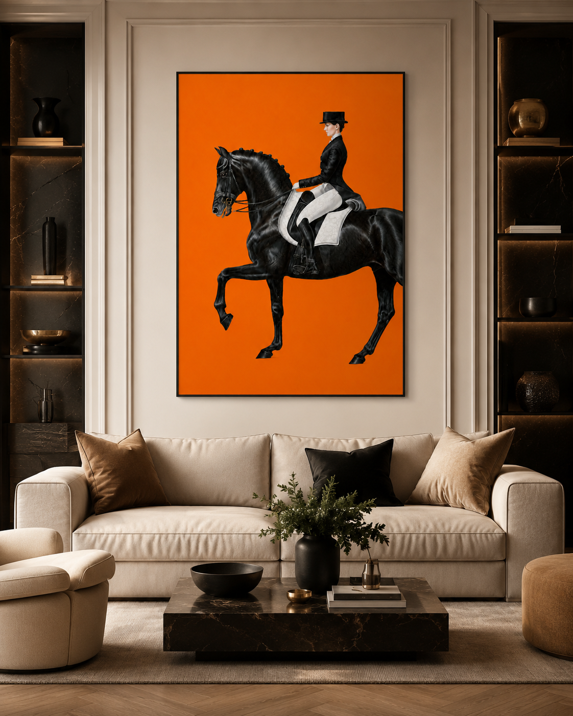 chevalier Tableau Cheval Noir Fond Orange – Édition Équestre Luxe – Image 1