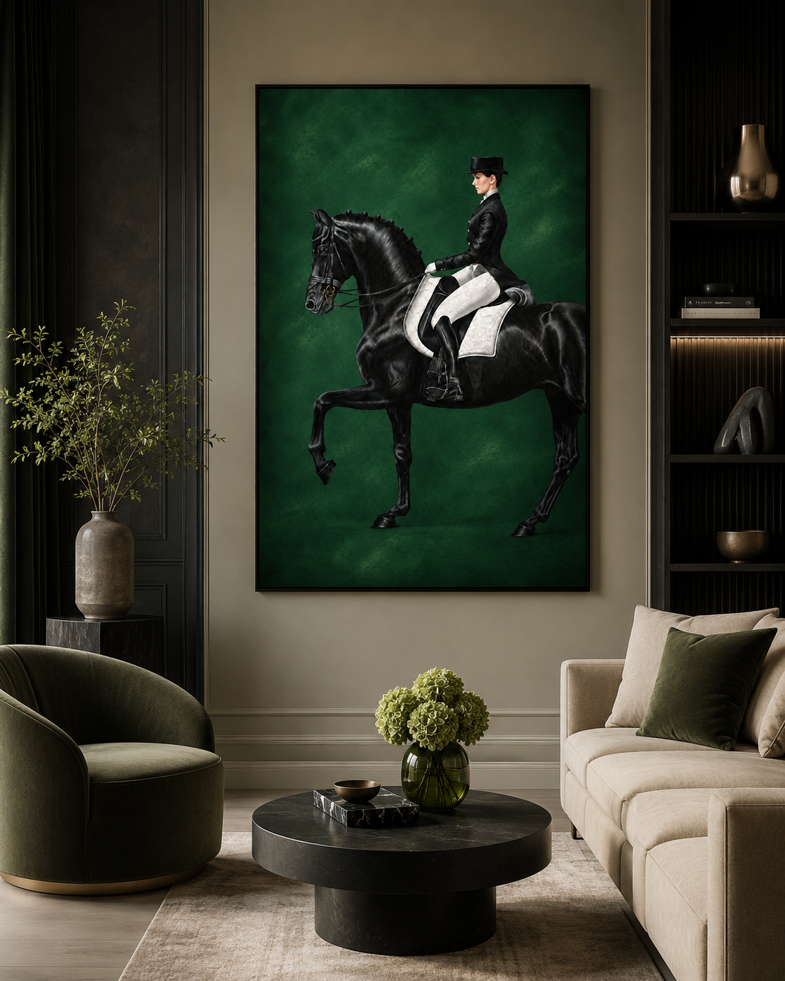 ChatGPT Image 22 juin 2026, 02_00_12 (3) Tableau Cheval Noir Fond Vert – Style Prestige Naturel – Image 1