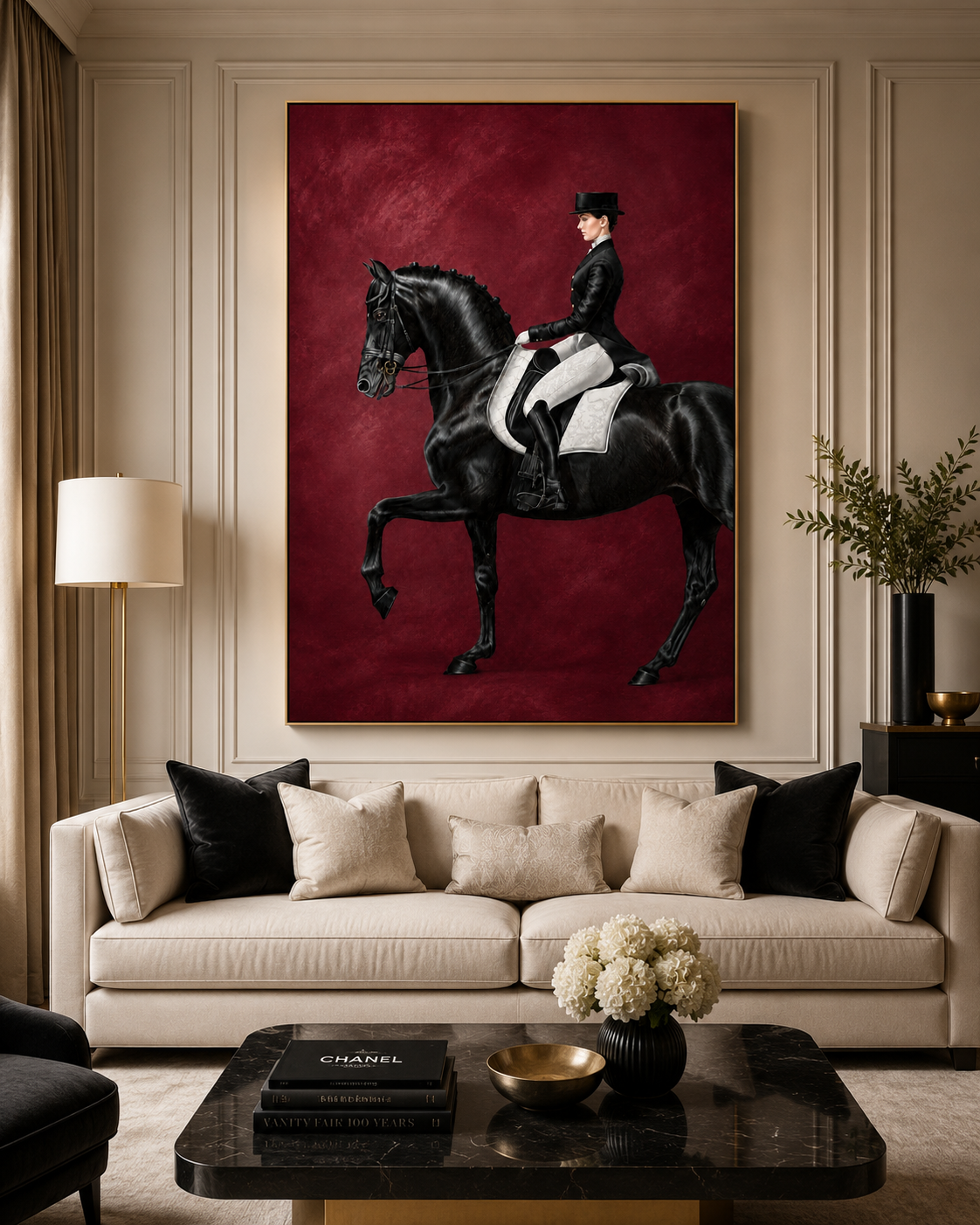 DDD Tableau Cheval Noir Fond Bordeaux – Collection Élégance Royale – Image 1
