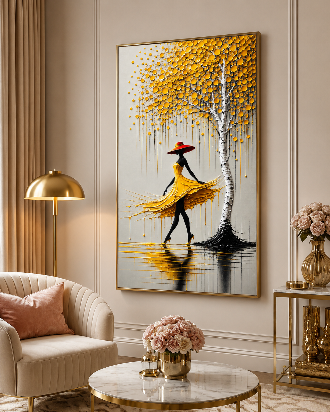 jaune Tableau Femme Robe Jaune – Édition Arbre Doré – Image 1