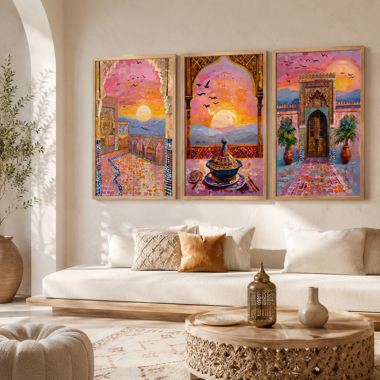 dd Pack 3 Tableaux Architecture Marocaine Rose – Édition Riad Sunset – Image 1